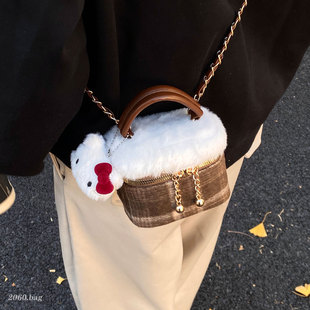 格子单肩斜挎包 百搭小众设计链条韩版 毛呢水桶包女2025新款 时尚