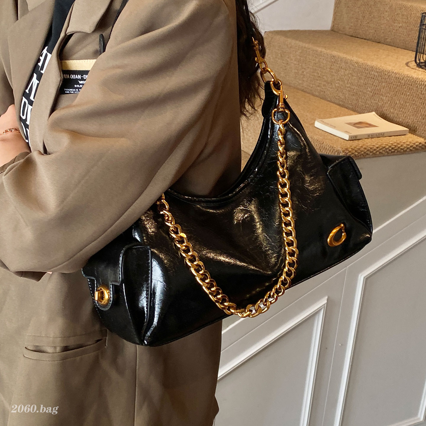 高级感百搭油蜡皮腋下包包2025韩国新款链条小众设计女秋冬斜挎包