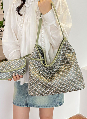 大容量子母包女韩版时尚菱格托特包2025夏季潮流上班通勤单肩大包