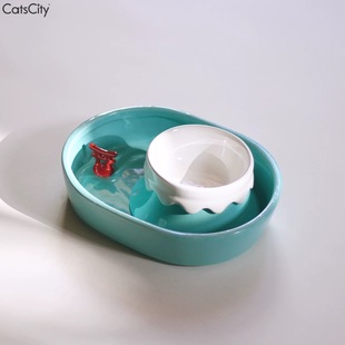 CatsCity猫咪陶瓷碗富士山鸟居釉下彩猫食碗水盆防打翻防蚁猫粮碗