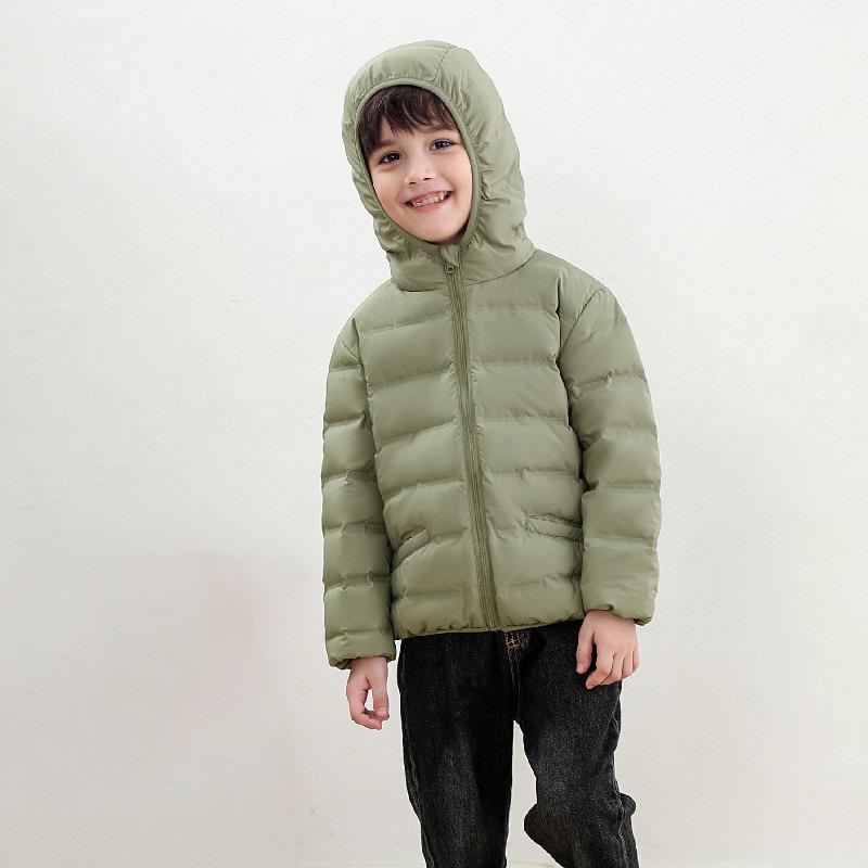 浙江嘉兴平湖儿童羽绒服90白鸭绒无缝童装连帽轻薄款男女童中大童