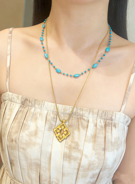 新中式绿松石项链高级感叠戴锁骨链民族风配饰女复古轻奢饰品女