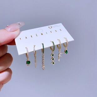 六件组合套装不对称微镶满钻锆石耳环圆形圈圈多耳洞独特耳饰