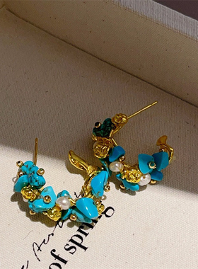 复古天然石蓝松石耳钉C形圈耳环S925银针电镀18K金高级感手工耳饰