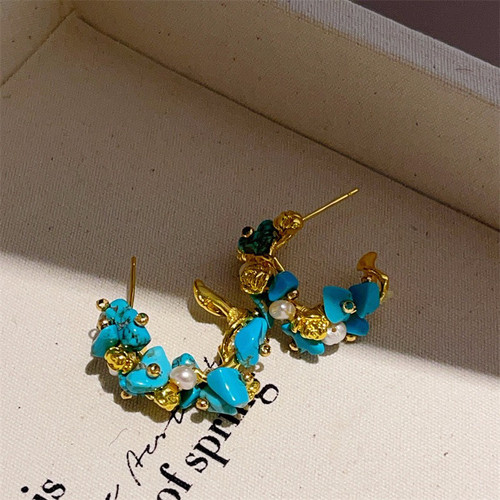 复古天然石蓝松石耳钉C形圈耳环S925银针电镀18K金高级感手工耳饰
