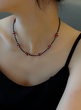 原创设计黑色水晶拼接锁骨链个性时尚颈链高级感百搭简约项链