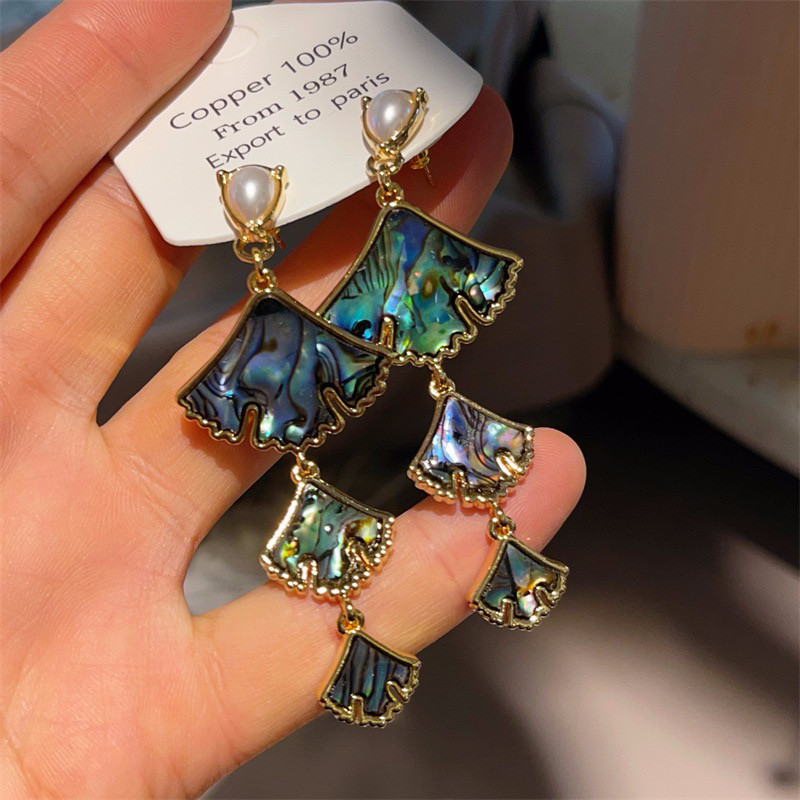 小众设计重工天然彩色贝壳长款扇形耳环纯银针复古银杏叶气质耳饰,饰品/流行首饰/时尚饰品新,耳环,淘宝优惠券,粉丝福利购,淘宝优惠卷