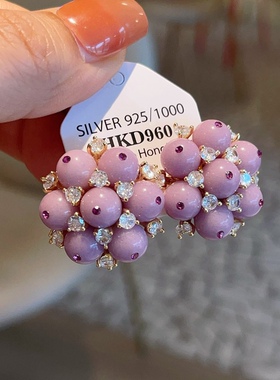 925银针欧美重工轻奢紫色馒头花朵耳环大气走秀镶钻耳钉手工耳饰