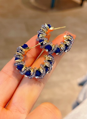 复古气质蓝色手工绕线宝石c形耳圈s925纯银针高级感轻奢小众耳饰