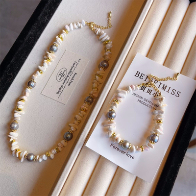 天然石白蔷薇串珠项链淡水真珍珠手链首饰套装清新时尚气质毛衣链