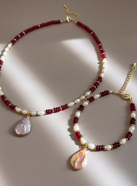 复古显白红色石榴石串珠巴洛克真珍珠项链女轻奢小众高级感锁骨链
