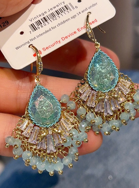 民族风复古绿色水晶小流苏耳钩精致手工甜美水滴重工轻奢气质耳饰