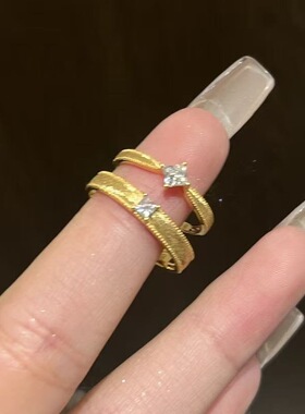 小红书爆款古法拉丝单钻戒指女Vintage中古素圈轻奢精致方钻指环