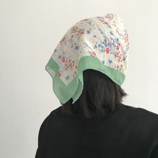 Q三环路绿色小花包头小方巾春夏法式复古百搭时尚丝巾发带绑头巾