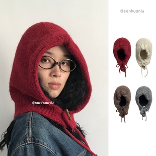 QF三环路牛角扣拉法帽复古日常针织帽纯色时尚潮流巴拉克拉法帽