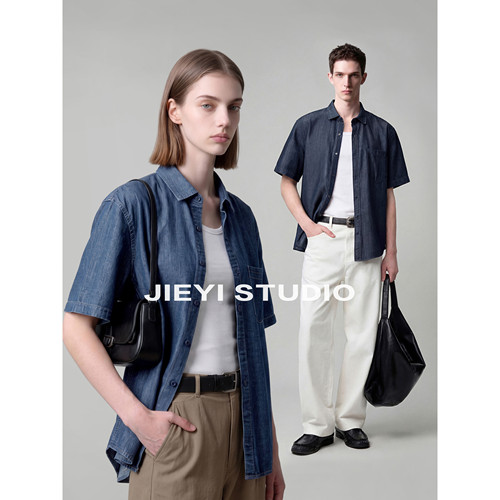 JIEYI 100%纯棉Cityboy牛仔风短袖衬衫弧形下摆单贴袋设计男衬衣