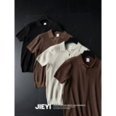 男复古老钱风翻领T恤竖纹提花上衣 POLO衫 JIEYI 花棉针织透气短袖