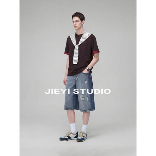 JIEYI 刀割破洞工装A字阔腿牛仔短裤男美式休闲乞丐裤vibe七分裤