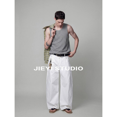 JIEYI 透气凉感圆领针织背心T恤华夫格肌理纯色无袖坎肩内搭男夏