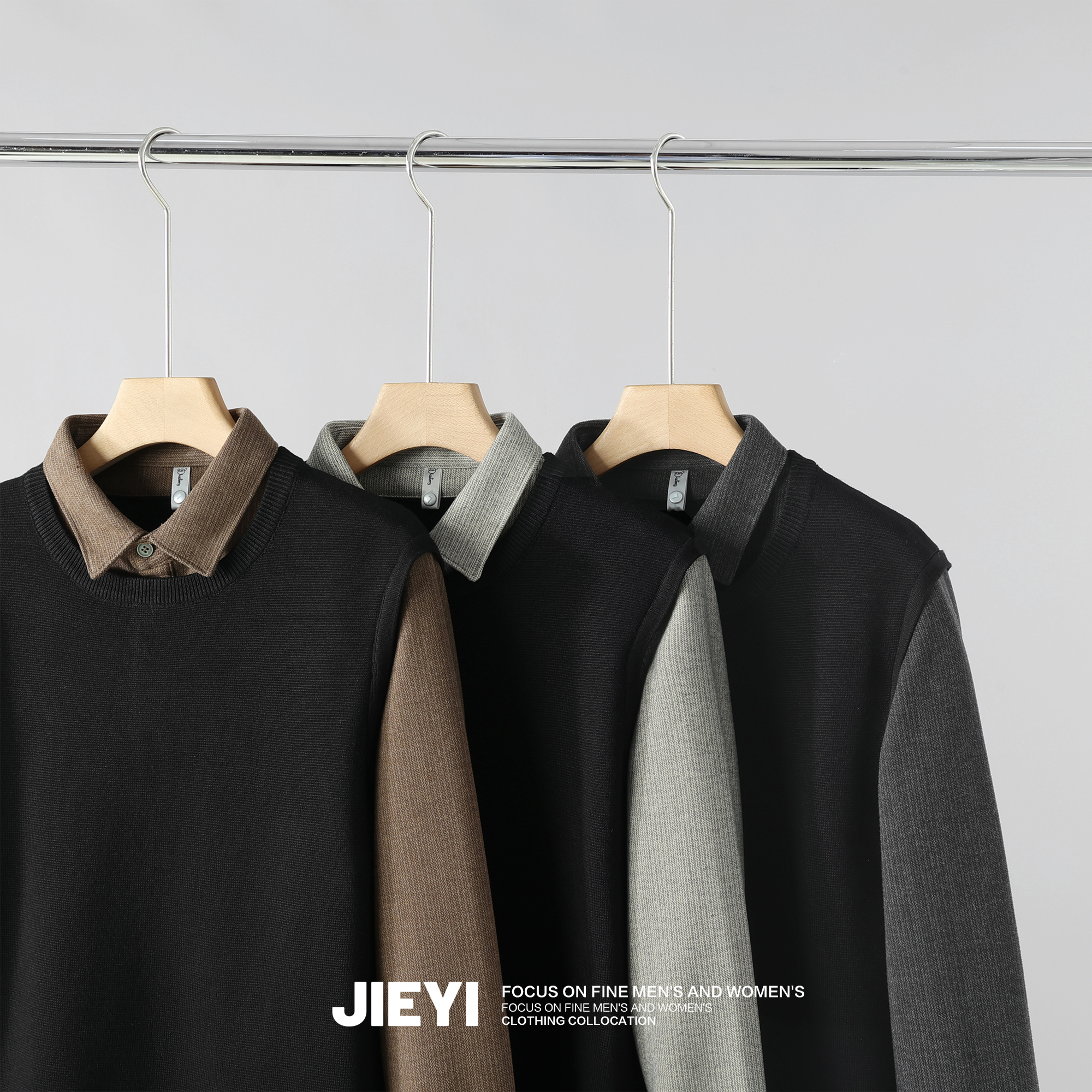 JIEYI 拼接衬衫翻领假两件针织衫时尚轻熟风英伦上衣修身气质毛衣