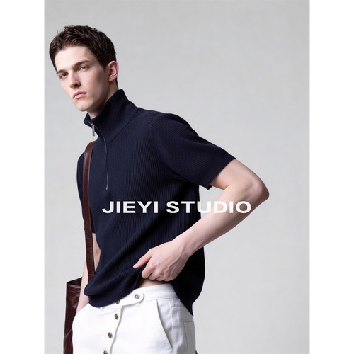 JIEYI 新贵绅士潮男短袖针织POLO衫半拉链可翻立领竖纹肌理上衣潮