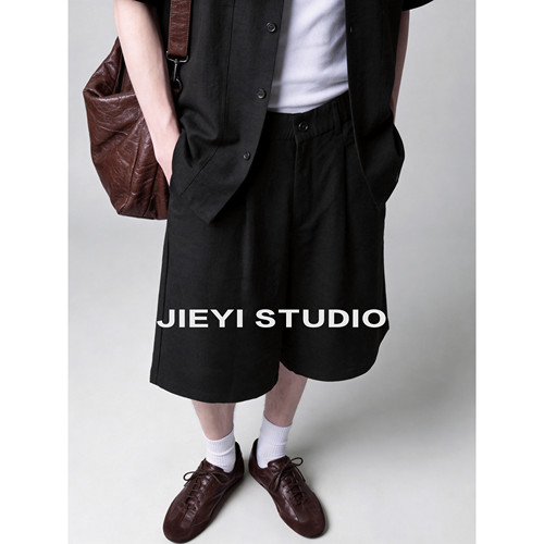 JIEYI 立体裁剪松紧腰极简风短裤仿麻褶皱肌理抽褶阔腿五分中裤