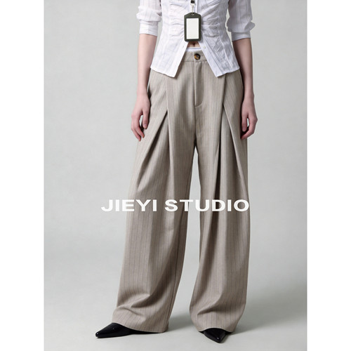JIEYI 松弛感outfit立体裁剪免烫休闲裤男条纹A字版型抽褶剑道裤