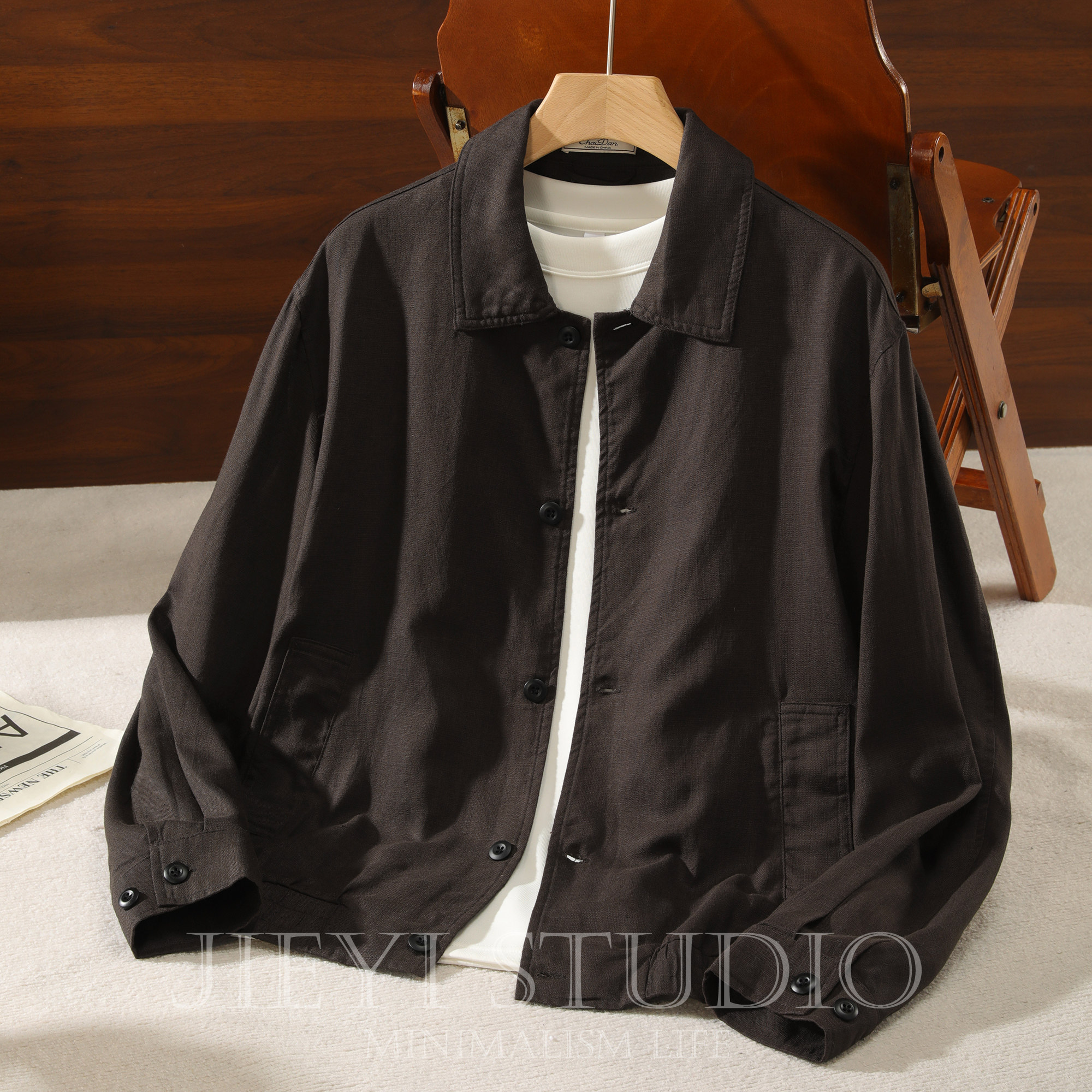 JIEYI 咖啡色翻领亚麻纯色外套男士早秋cleanfit天丝莱赛尔夹克潮