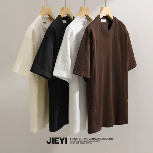 JIEYI 水洗棉透气舒适短袖T恤衫男生拼接设计潮流纯色微阔上衣潮