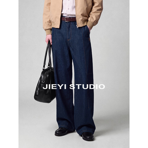 JIEYI 「膝盖拼接」双褶线设计工装牛仔裤辑明线100%纯棉阔腿裤
