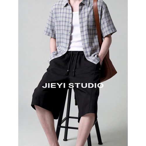 JIEYI  莫代尔棉混纺A字版型抽绳短裤宽松阔腿outfit拼接六分裤男