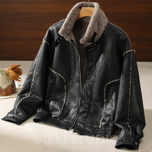 JIEYI 潮男外套 防风保暖复古vibe风皮衣痞帅皮毛一体御寒棉服冬季