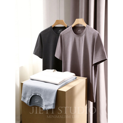 JIEYI 男生高智感纯色短袖体恤舒适圆领迪桑麻棉凉感速干T恤上衣