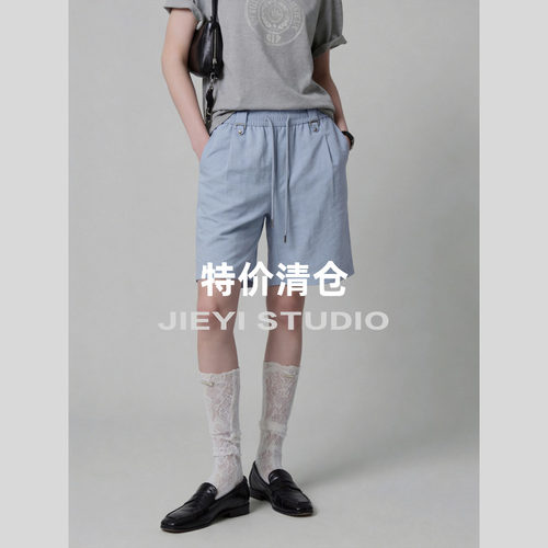 特价  抽绳极简航海风天丝莱赛尔亚麻混纺短裤装饰扣设计中裤男