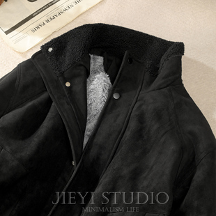 JIEYI 加厚羊羔绒皮毛一体外套冬日通勤局部夹棉麂皮绒雾面夹克男
