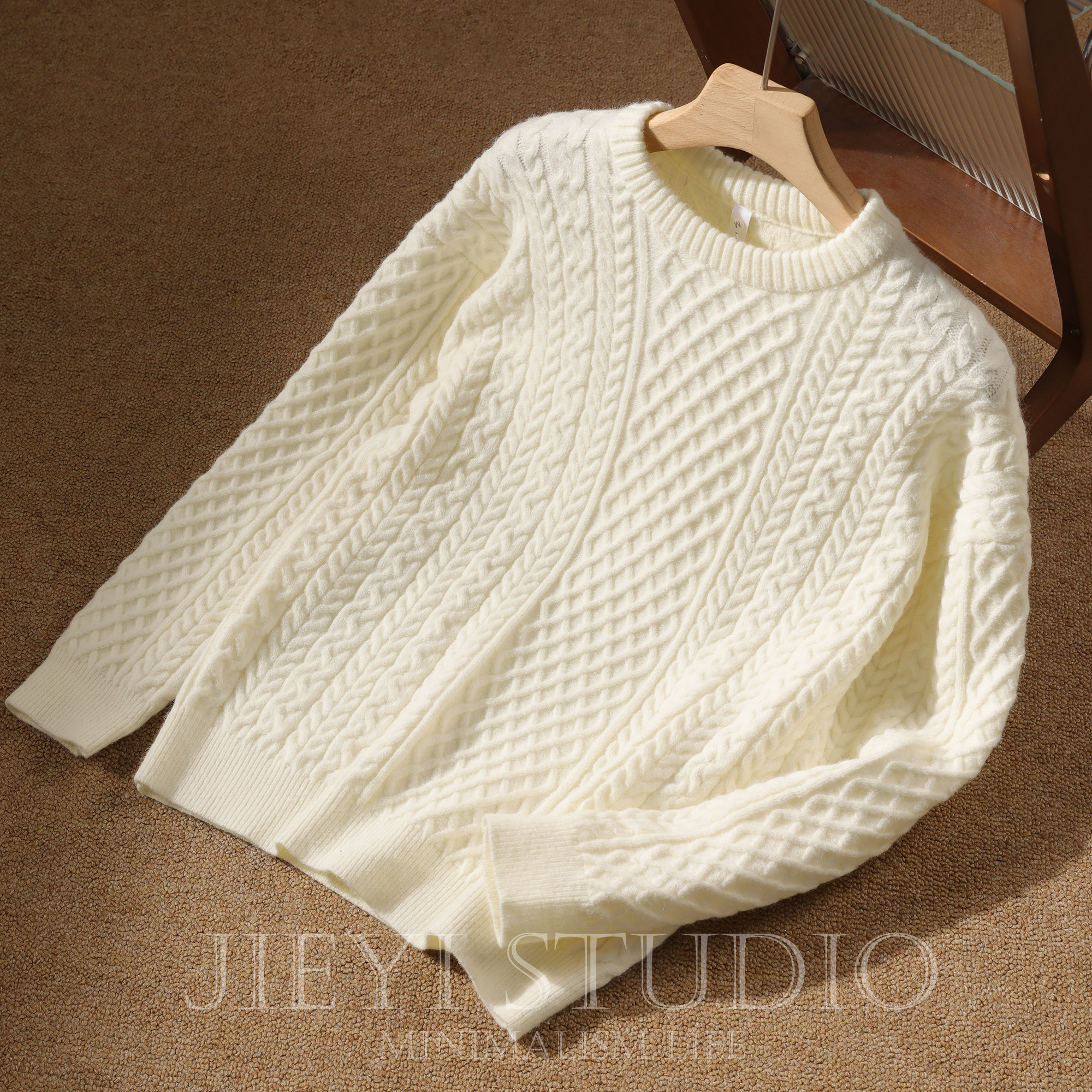 JIEYI 麻花纹理提花纯色针织衫上衣男士保暖御寒冬季软糯圆领毛衣