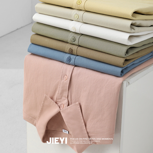 百搭秋季 翻领男士 新款 长袖 寸衣外套潮 JIEYI 法式 粉色哑光纯棉衬衫