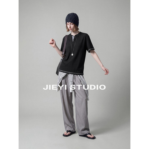 JIEYI 重磅辑明线撞色T恤衫男士坑条肌理宽松短袖亨利领都市上衣