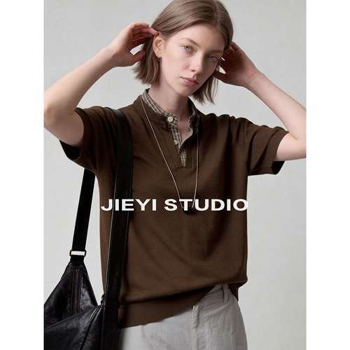 JIEYI 假两件潮男层次感针织T恤衫透气100%天丝莱赛尔格子领短袖