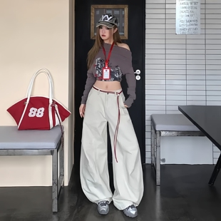 阔腿裤 弯刀牛仔裤 复古高腰显瘦梨形身材香蕉裤 米色美式 女2026新款