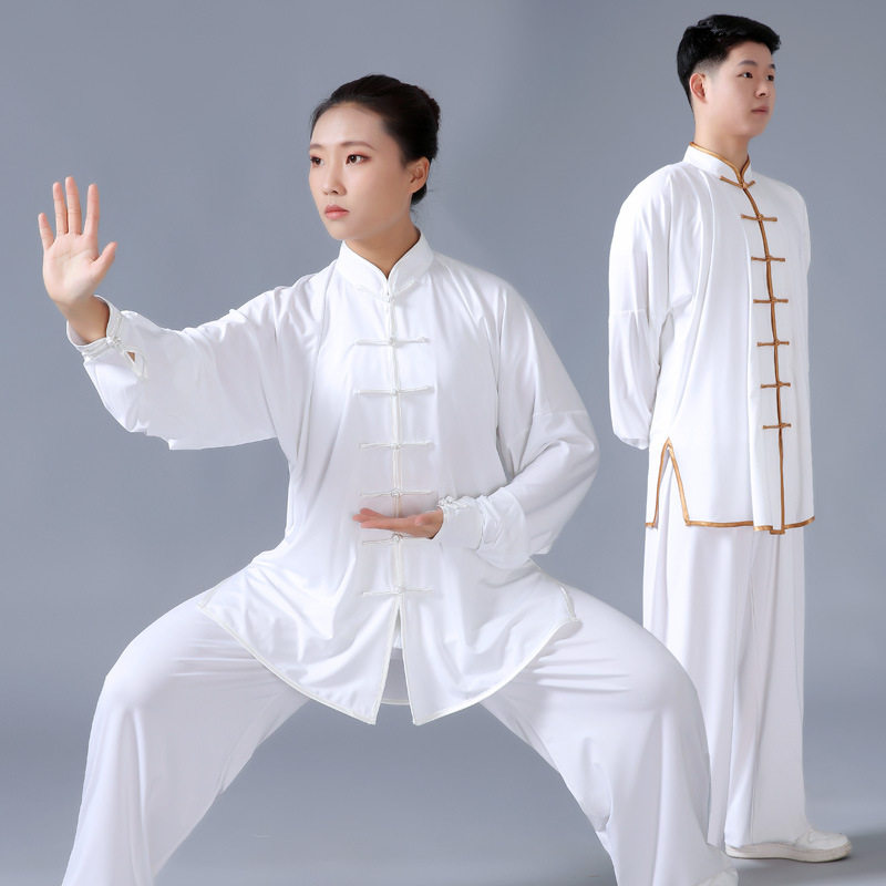 牛奶丝太极服女晨练春秋太极拳男练功服武术服太极表演白色演出服