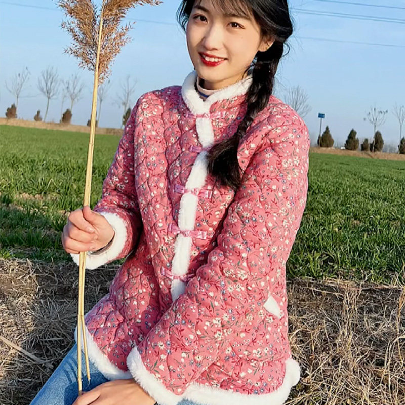 新款冬装妈妈时尚碎花百搭款网红短款外套加厚大花棉袄女装中国风