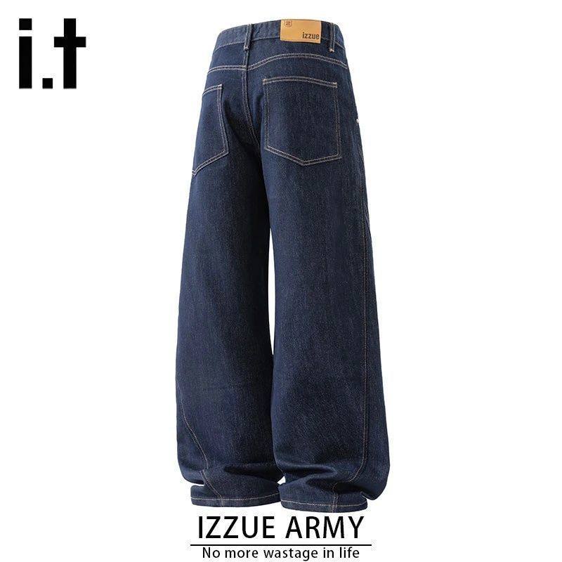 izzue2025秋季宽松弯刀裤男clean fit美式高街阔腿牛仔裤拼接