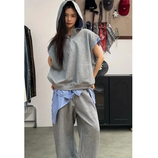 套装 QIUYIDAODI夏季 拼接衬衫 休闲情侣连帽无袖 男女假两件夏季