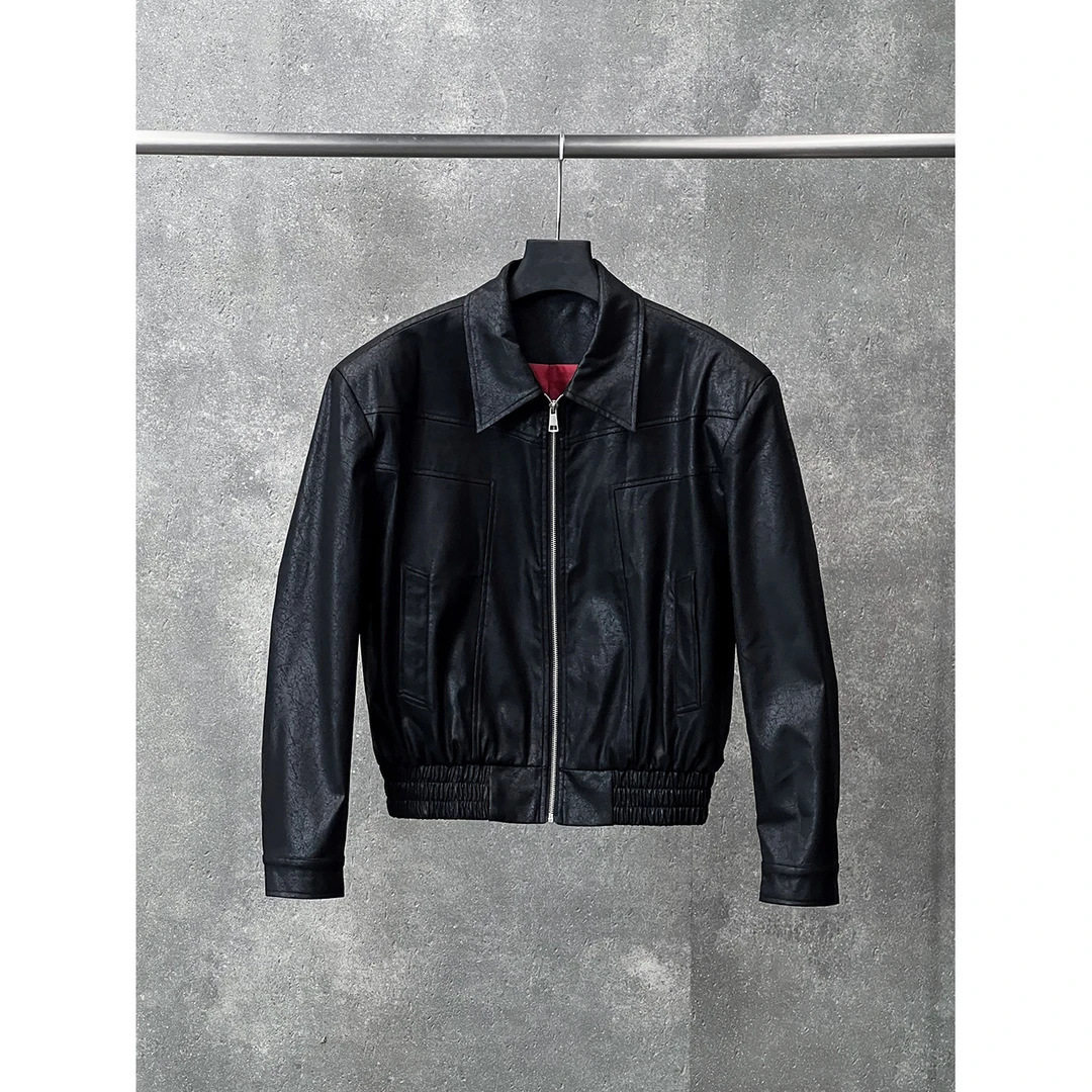 宋春江直播款 复古翻领短款皮衣夹克拼接设计高级感宽松版型外套