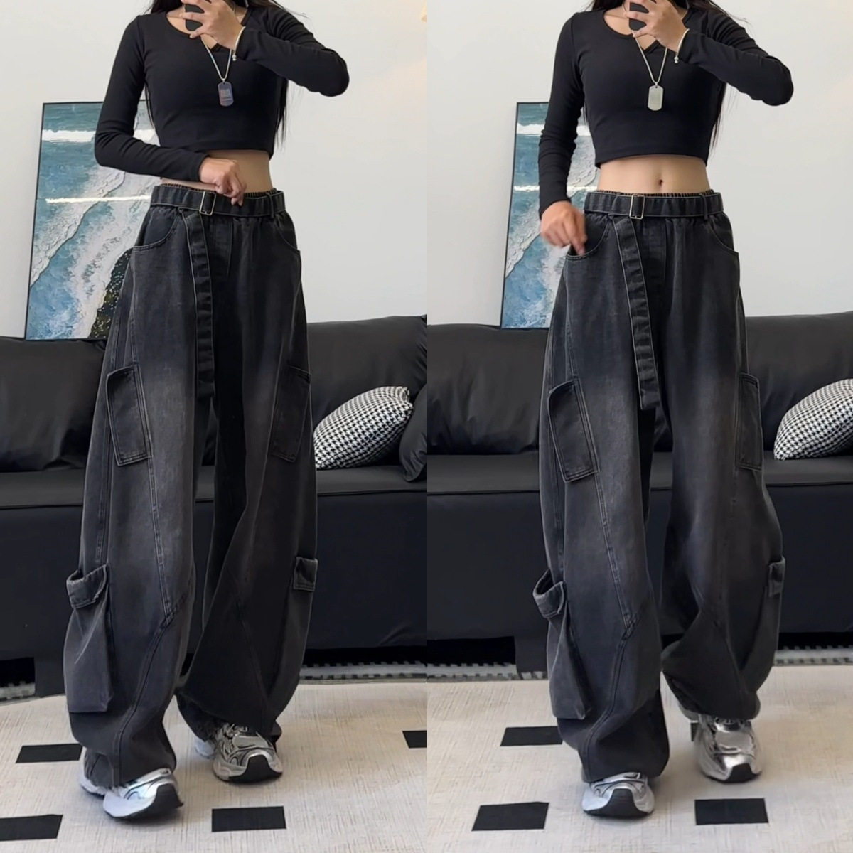 JAVE PASOK秋季潮牌美式多口袋高街设计感男女牛仔裤宽松休闲长裤