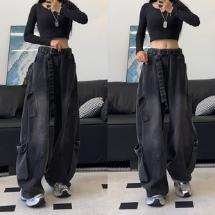 JAVE PASOK秋季潮牌美式多口袋高街设计感男女牛仔裤宽松休闲长裤