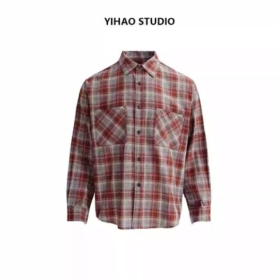 YIHAO STUDIO秋季新款男士格子衬衫男款长袖宽松经典翻领衬衣