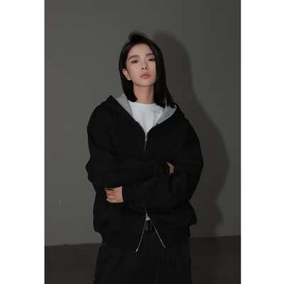 白白不拜拜 460G重磅拼色开衫卫衣男女同款连帽休闲百搭情侣长袖