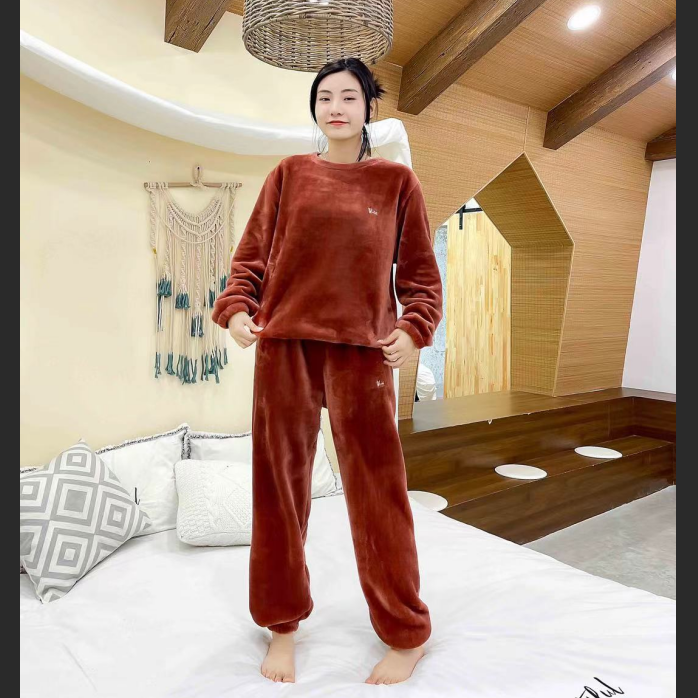 柔师羽家居服女士冬季新款圆领套头水貂绒加厚保暖睡衣套装832041